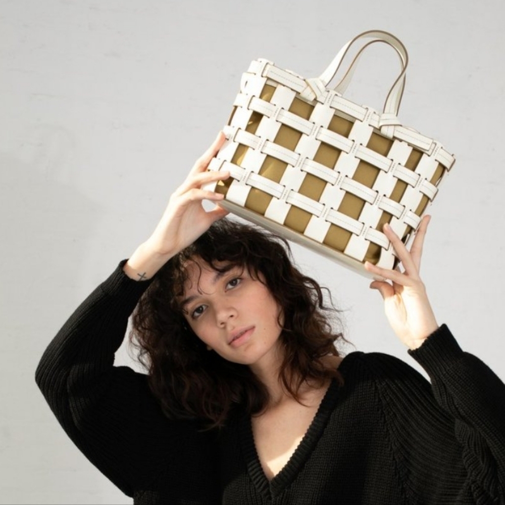 Trademark Frances Caged Leather and Canvas Minimalist Tote Bag White / Mustard